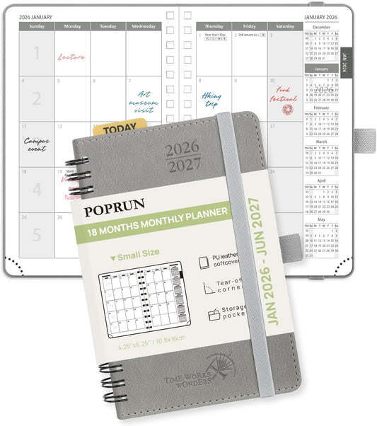 POPRUN Monthly Planner 2026-2027 (Pocket 4.25" x 6.25") 18 Months Calendar (Jan 2026 - Jun 2027) - 4 Pages per Month with Expense & Notes, Leather Cover, Sunday Starts - Grey