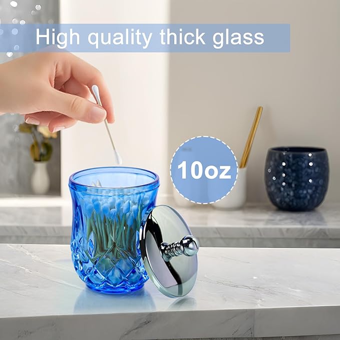 Qtip Holder,10Oz Blue Glass Apothecary Jars with Silver Lids for Bathroom Organization & Desk Storage,Thick Glass Apothecary Jars for Q-Tips,Cotton Rounds,Jewelry,Candy,Round