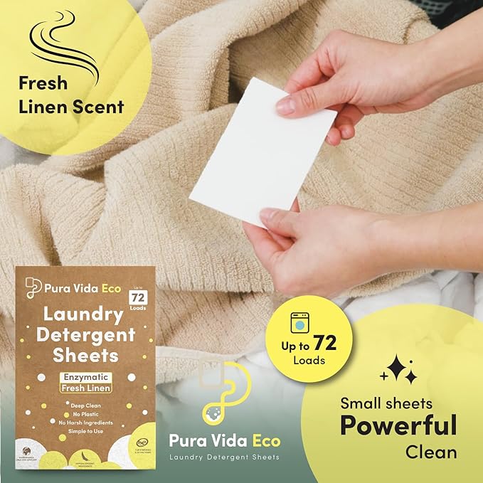 Laundry Detergent Sheets - 36 Sheets (up to 72 Loads) - Fresh Linen Scent - Ideal for Sensitive Skin, Baby Clothes, Travel, & Dorm Living, Eco-Friendly, Plastic-Free Solution