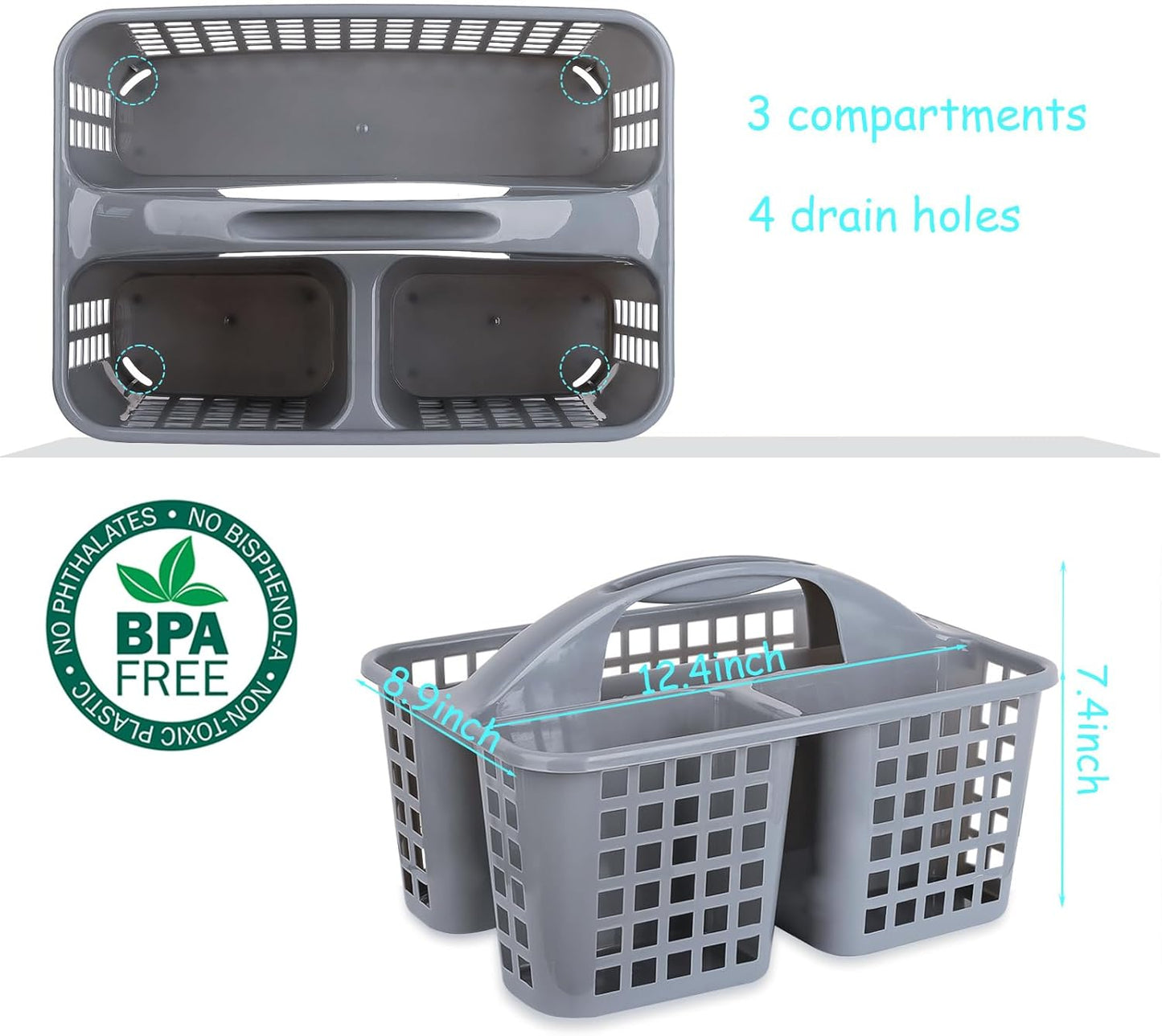 JiatuA Portable Shower Caddy Basket with Compartments Cleaning Supplies Organizer with Handle Plastic Storage Divided Tool Bin for Bathroom, Bedroom, Kitchen, College Dorm, Garden, Under Sink, Grey