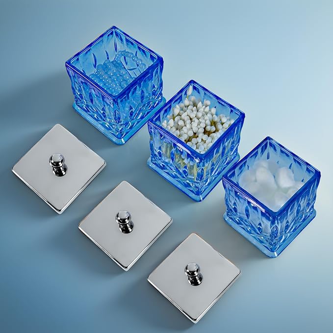 Qtip Holder,15Oz Blue Glass Apothecary Jars with Silver Lids for Bathroom Organization & Desk Storage,Thick Glass Apothecary Jars for Q-Tips,Cotton Rounds,Jewelry,Candy,Square