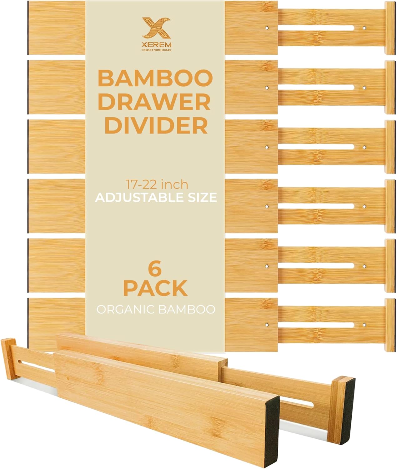 Adjustable Bamboo Drawer Dividers 6-Pack, 17-22 Inch Deep Expandable Drawer Organizer Set, Sustainable Spring-Loaded Bamboo Inserts for Kitchen, Bedroom, and Office Organization