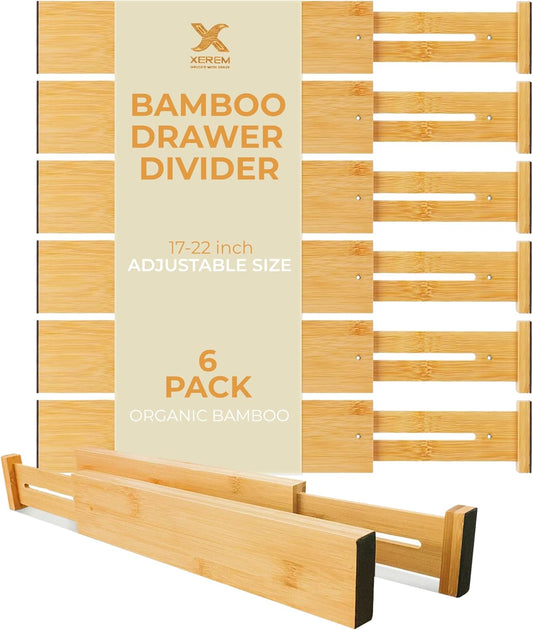 Adjustable Bamboo Drawer Dividers 6-Pack, 17-22 Inch Deep Expandable Drawer Organizer Set, Sustainable Spring-Loaded Bamboo Inserts for Kitchen, Bedroom, and Office Organization