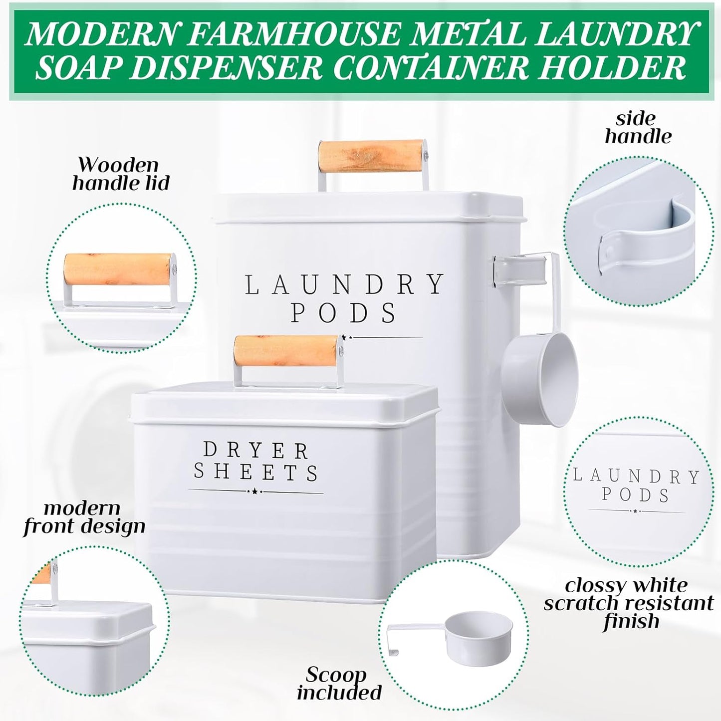 2 Pcs Laundry Pod Container with Dryer Sheet Holder Farmhouse Laundry Room Decor Organization and Storage Detergent Container Box with Lid Handle Metal Dryer Sheet Dispenser(White)