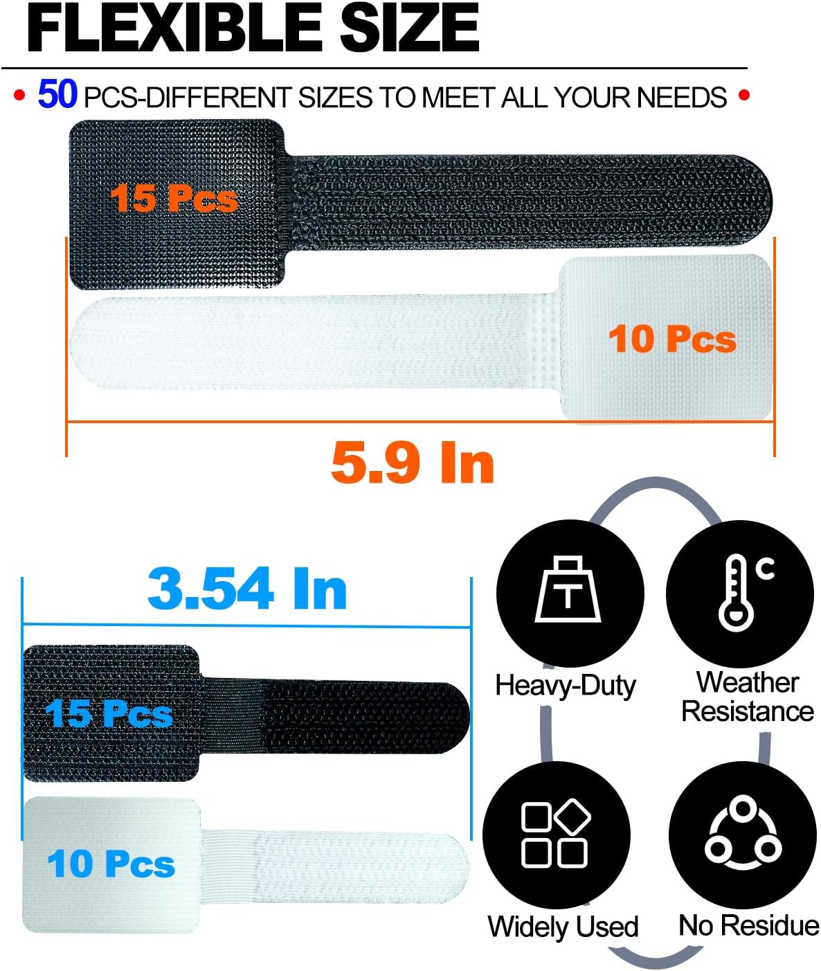 50 Pcs Self Adhesive Cable Tie Reusable Made of 3M, Multi-Purpose Heavy Duty Hook Loop Cable Management Wire Ties for Home,Office,Kitchen,School (5.9" & 3.54", Black & White)