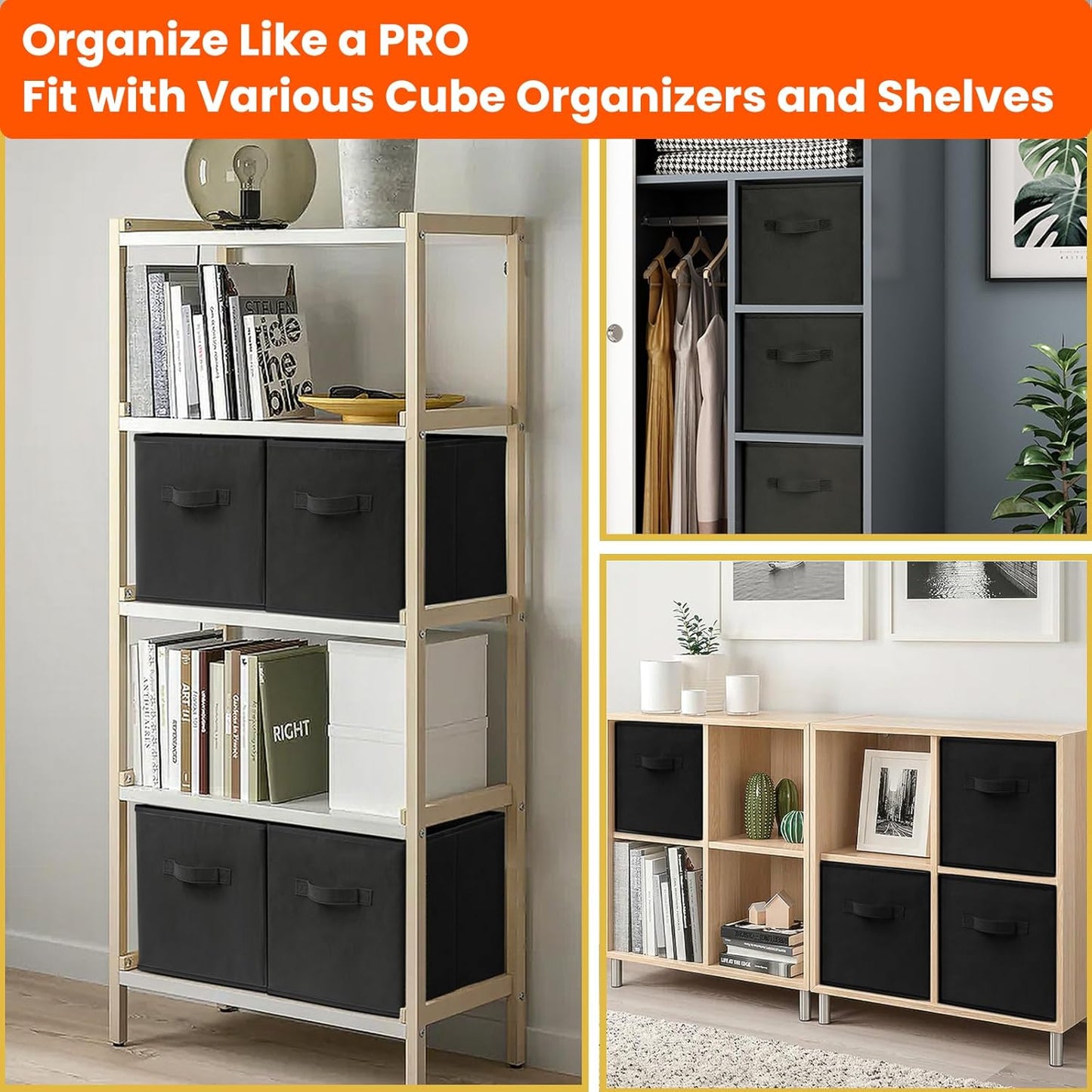 Criusia Storage Cubes, 11 Inch Clothes Storage Bins for Shelves Closet (10 Pack), Fabric Collapsible Storage Bins with Dual Handles, Cubby Storage Baskets Boxes, College Dorm Room Essentials (Black)