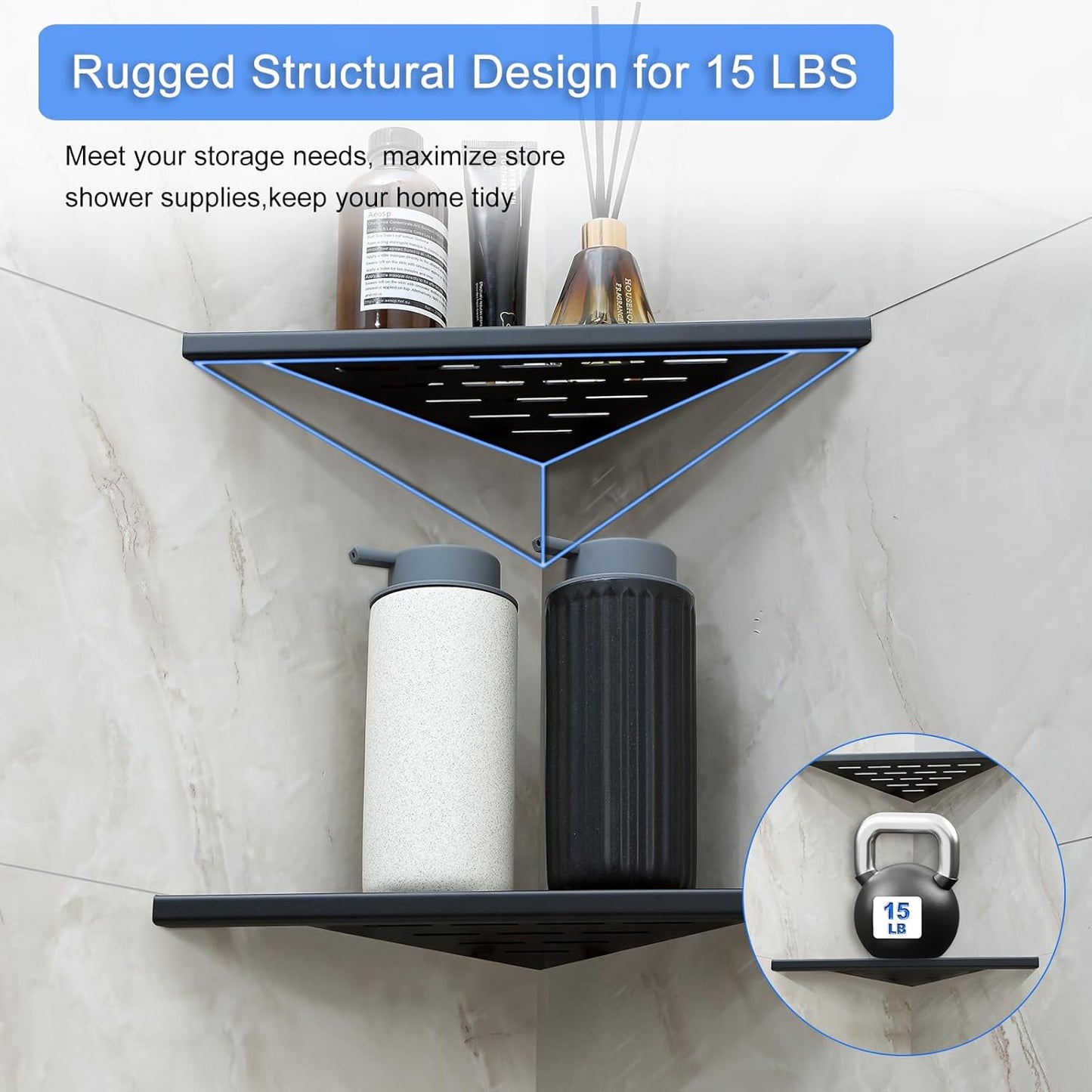 MENATT 10" No Drilling Corner Shower Shelf (2-Pack) – Recessed Stainless Steel Shower Caddy for Tiled Walls, 304 Steel Bathroom Shelves, Wall Mounted Triangular Organizer(Matte Black)