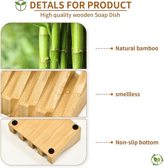 SUBEKYU Bamboo Soap Dish Self Draining Wooden Bar Soap Holder Soap Saver for Shower Slope Drainage Design with Waterproof Layer Wood Soap Dish for Bathroom and Kitchen,1P