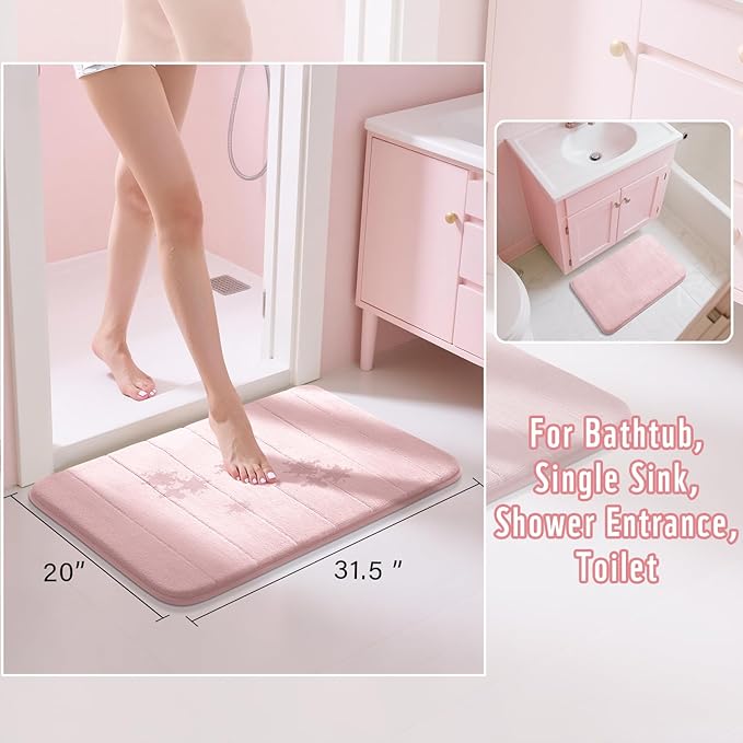 Yimobra Pink Bath Mat 31.5x20 Inch, Super Soft Absorbent Memory Foam Bathroom Rug Non Slip, Quick Dry, Machine Washable Floor Carpet for Tub Shower, Home Decor Accessories