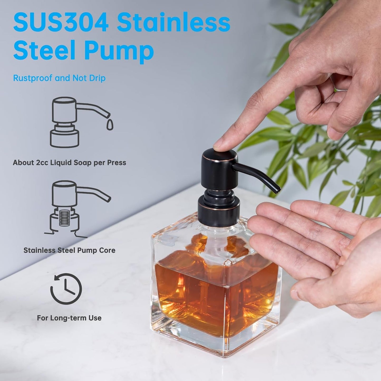 Square Bathroom Soap Dispenser Oil Rubbed Bronze, Glass Bottles with Stainless Steel Pump Retangle Cube Liquid Soap Dispenser Hand Kitchen with Waterproof Lables