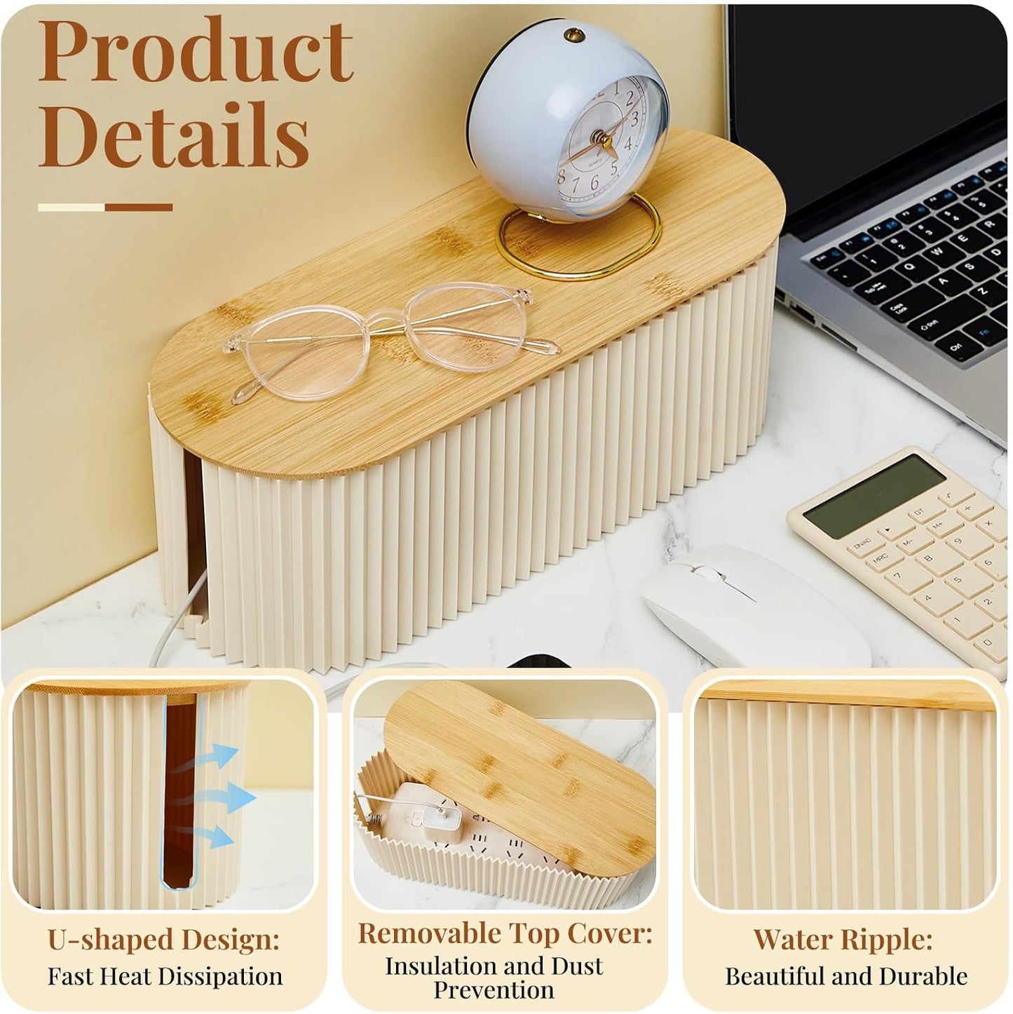 Marsui 2 Pcs Cable Management Box Cord Hider Organizer with 46 Pcs Cable Management Kit Wire Box for Power Strips Surge Protectors Desk TV Computer Wires Home Office(Frost White, Wood Color)