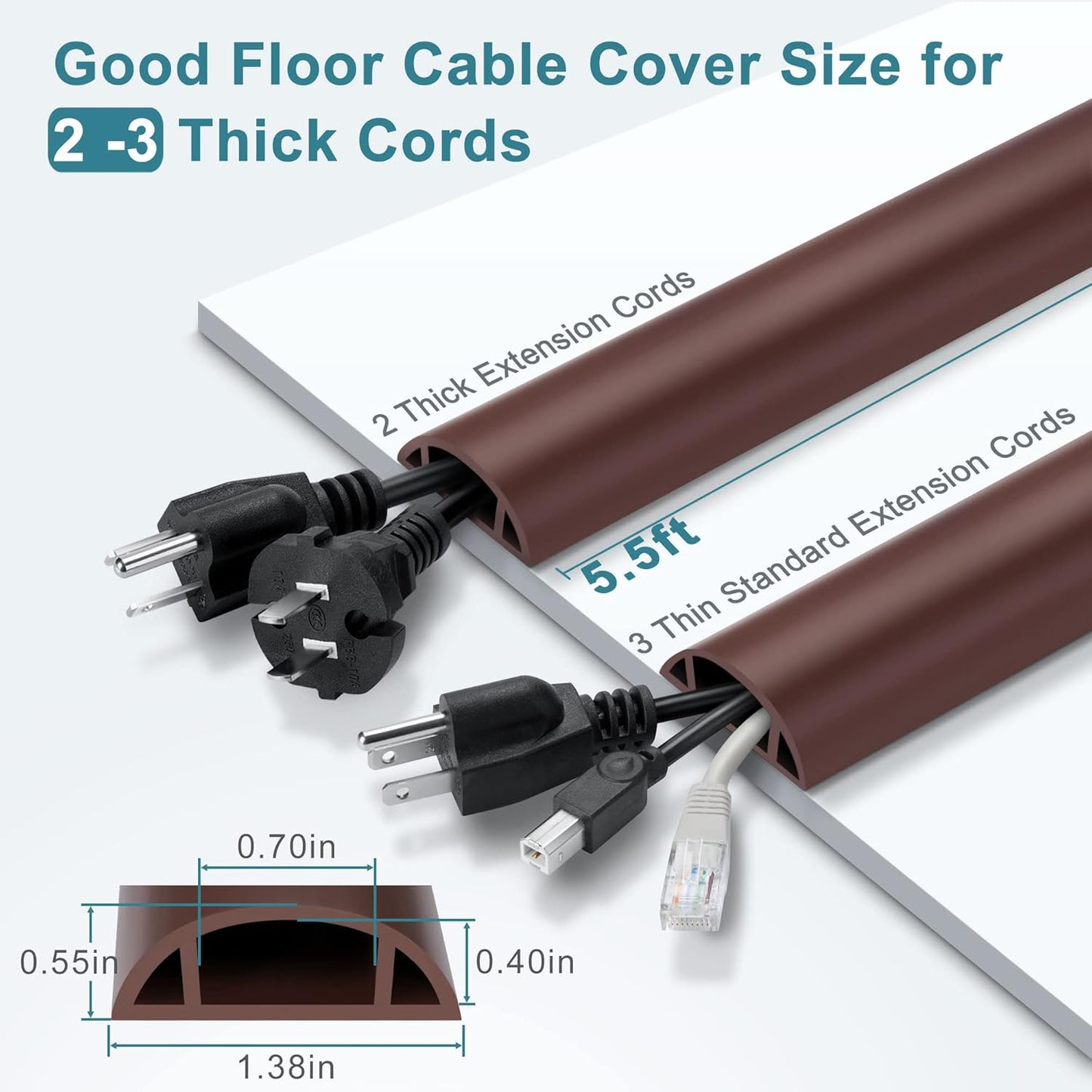 5.5FT Floor Cord Cover, Brown Soft Cable Cover Floor, Large Size Extension Cord Covers for Floor, Power Cord Protector Floor Wire Cover - Cord Channel Diameter: 0.7" (W) x 0.4" (H)
