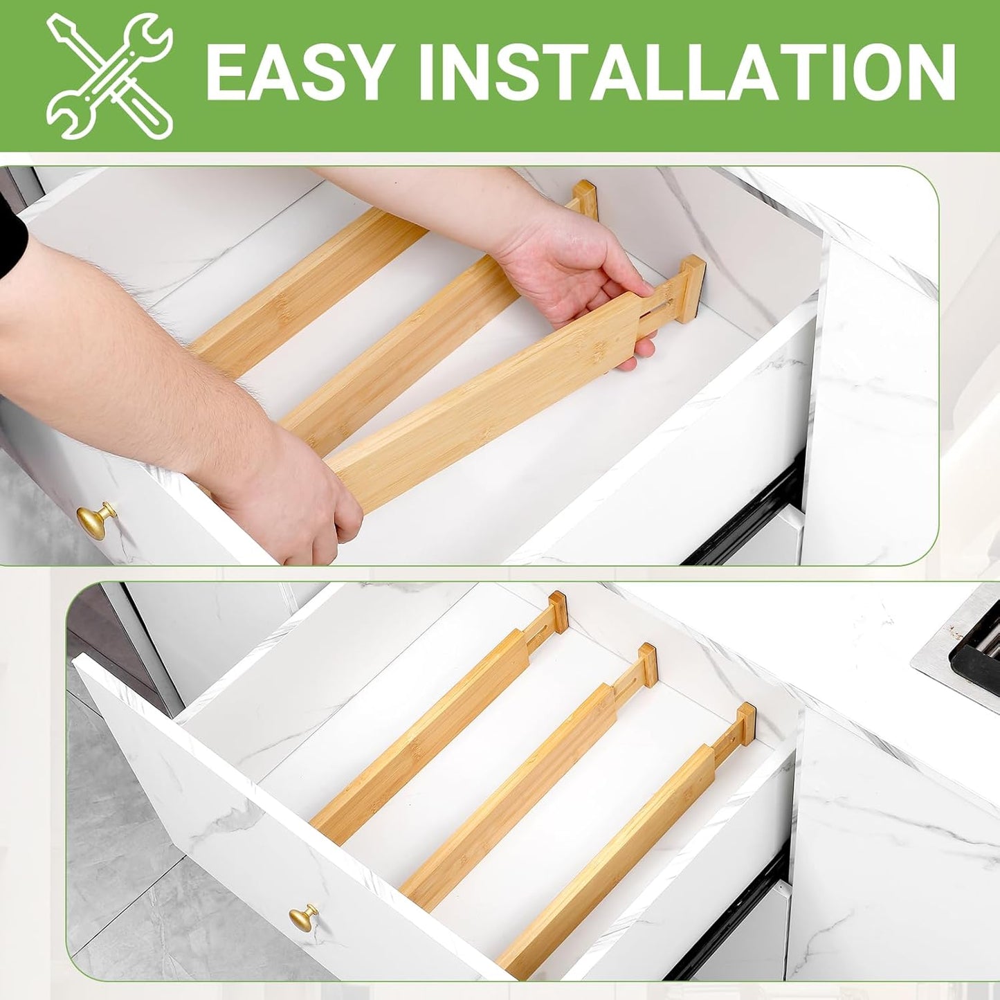 Bamboo Drawer Dividers 4 Pack, 16.4"-21.5" Expandable Drawer Organizer Separators for Kitchen, Bedroom, Dresser and office