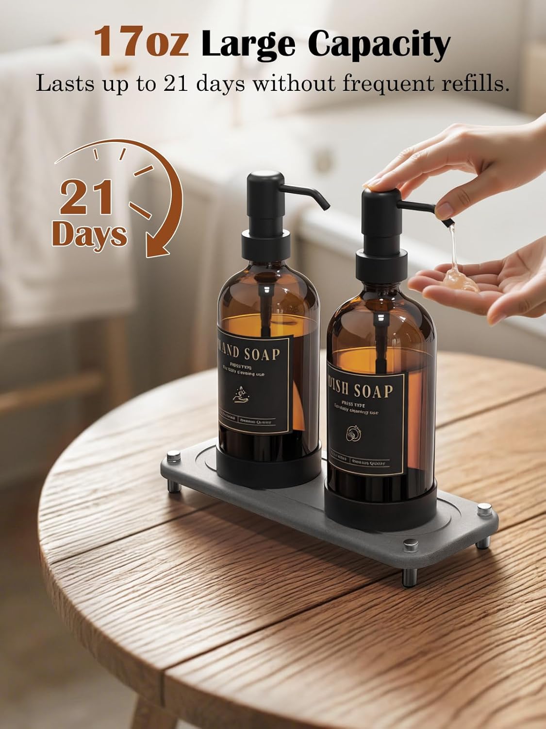 Luxspire Soap Dispenser Set, Hand Soap Dispensers with Fast Drying Tray, 17 oz Glass Refillable Liquid Bottle for Bathroom & Kitchen, Kitchen, 2 Pack, Brown + Dark Gray