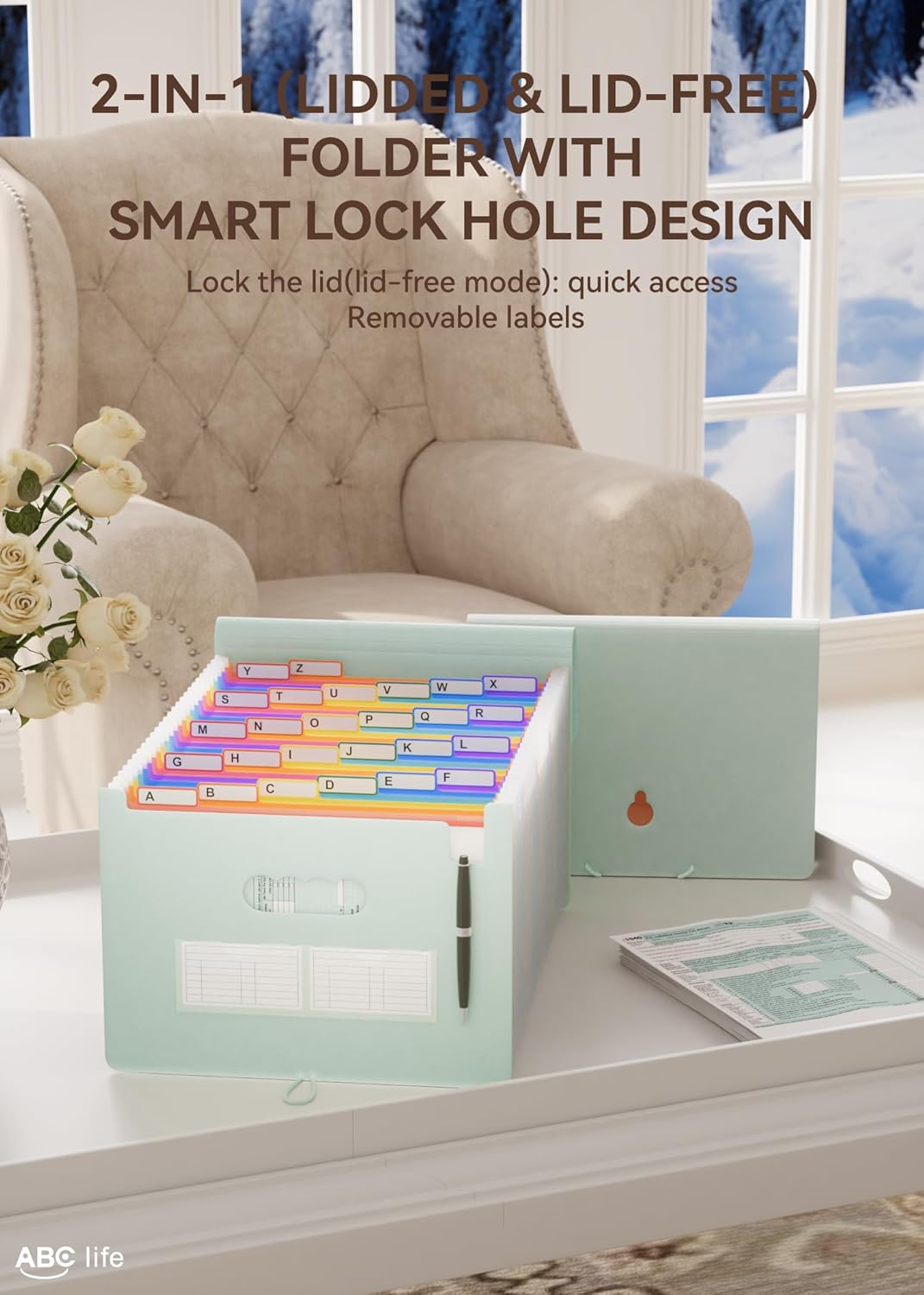 ABC life 26 Pockets Accordion File Organizer, Expanding File Folder, Portable Monthly Paper Bill Tax Receipt Organizer, Letter A4 Size Document Organizer with Blank Labels - Sage Green