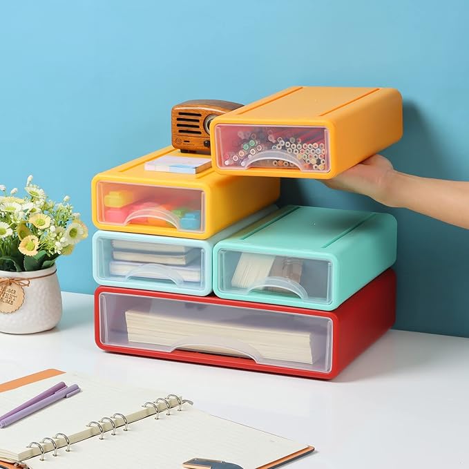 Desktop Drawers for Paper, Stackable Office Storage Drawers for Desk, Craft Organizer and Storage Bins, 4 Mixed Storage Container with Plastic Drawers for Office Supplies Desk accessories