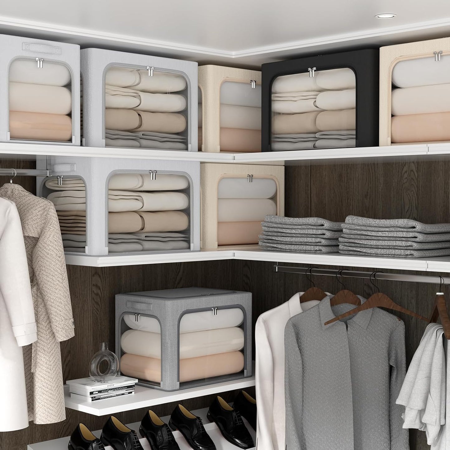 CYhom 3Pack Classic Stackable Foldable Storage Bin - Metal Frame Storage Box with Clear Window, Carry Handles (66L-19.7x15.7x13in, Light Grey)