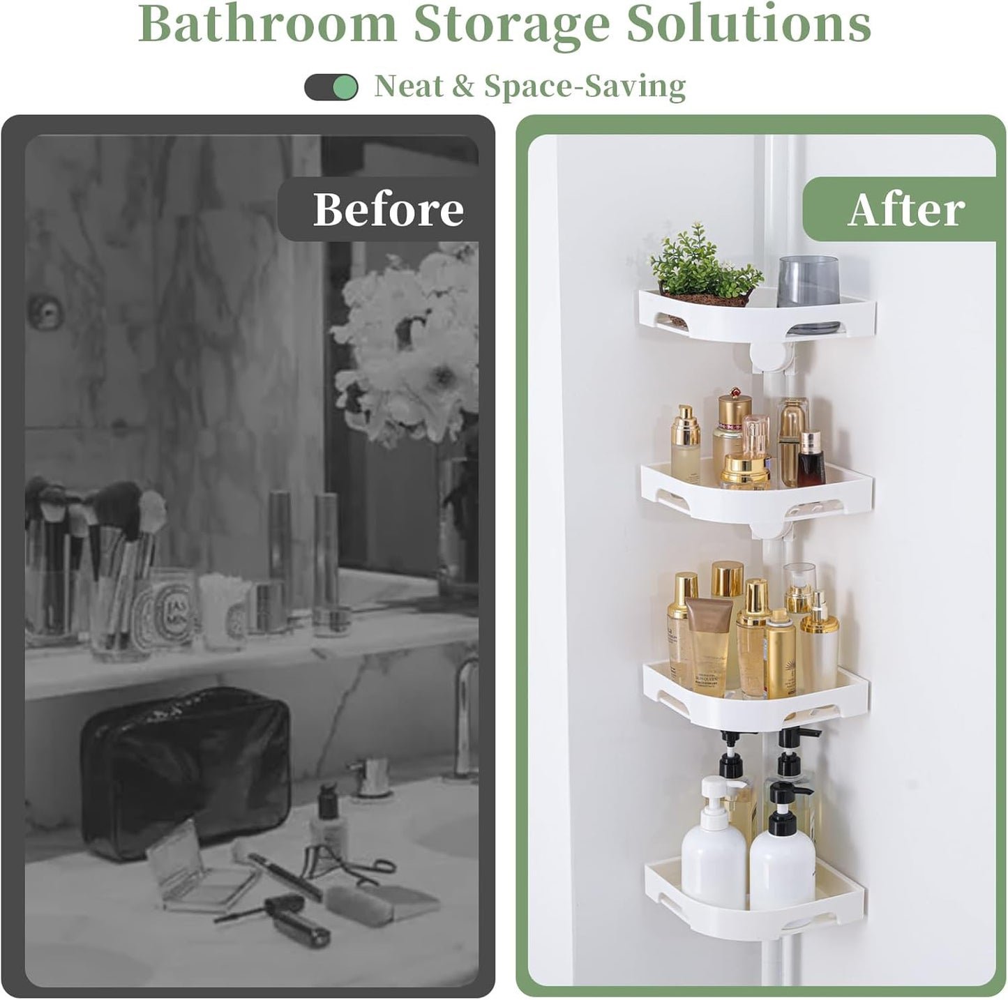 Tension Pole Shower Caddy Organizer with 4 Tier L-Shaped Rust Resistant Bathroom Corner Shelves with 34-124 Inch Adjustable No Drilling Quick Install Shower Rack for Bath Essentials (White)