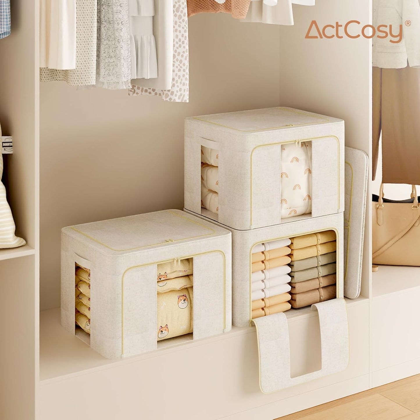 6Pack 60L Large Cloth Storage Bins with Metal Frame, Linen Storage Box with Clear Window, Stackable Sweater Storage for Closet, Clothes Containers for Comforters, Blankets, Quilts, T-shirt