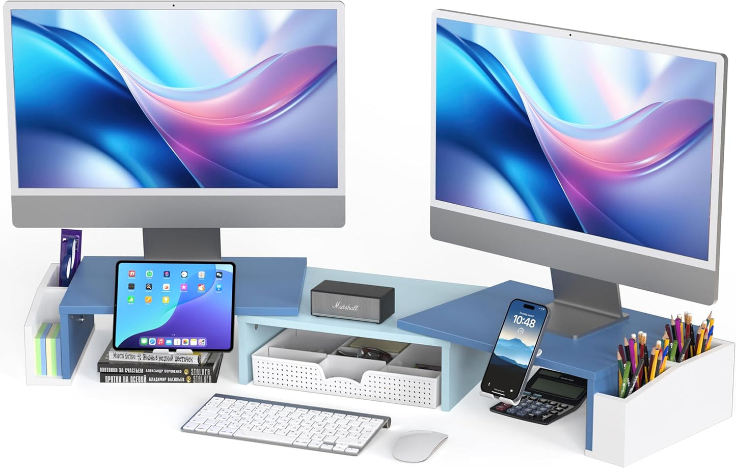 Simple Houseware Desk Dual Monitor Stand Riser with Drawer, Blue