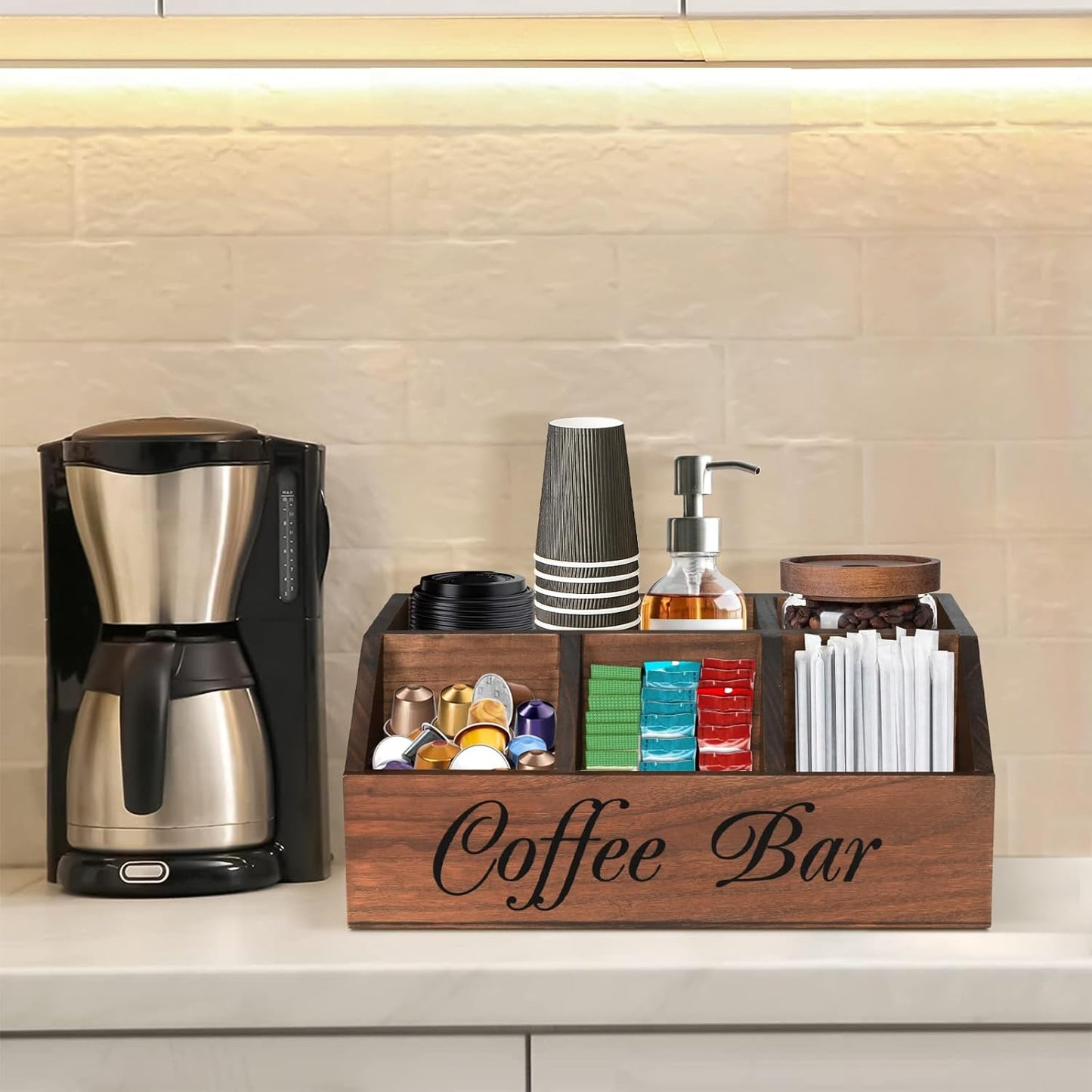 ugiftt Coffee Station Organizer for Counter, Wood Coffee Pods Holder Storage Basket, Tea Condiment Storage Organizer, Rustic Coffe Bar Decor for Accessories
