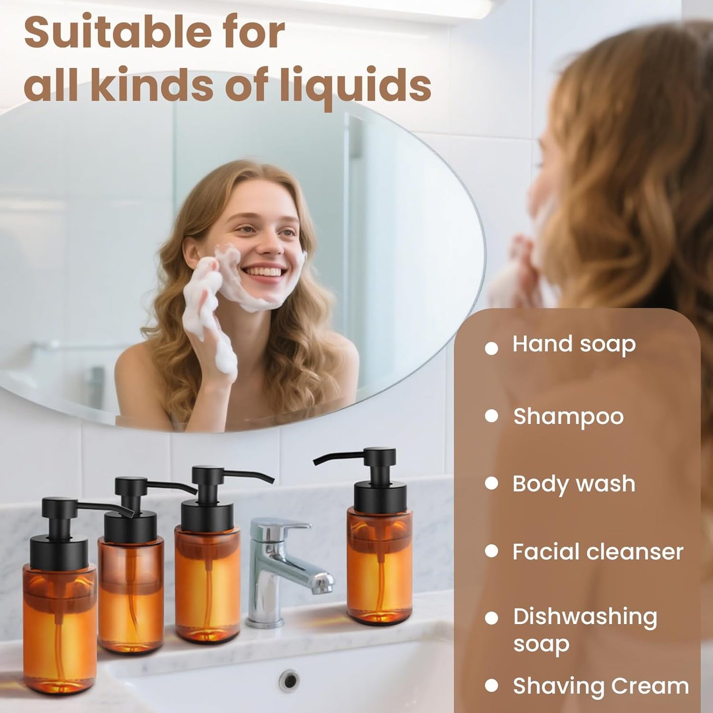 6 Pack 10 OZ Glass Foaming Soap Dispenser for Bathroom & Kitchen Foaming Hand Soap Dispenser with Labels Dispenser for Liquid Soap,Shampoo,Body Wash,Dish Soap,Amber