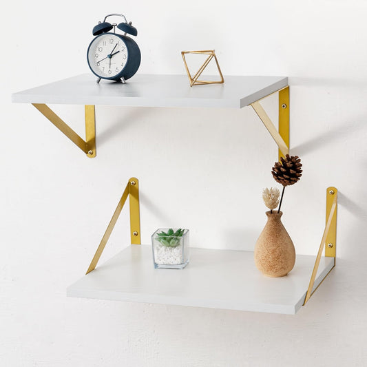Axeman Deep Floating Shelves for Wall, 12 Inch Deep White and Gold Shelves Set of 2, 16W x 12D White Wood Wall Shelves with Golden Brackets for Bedroom Bathroom Living Room Kitchen - White & Gold