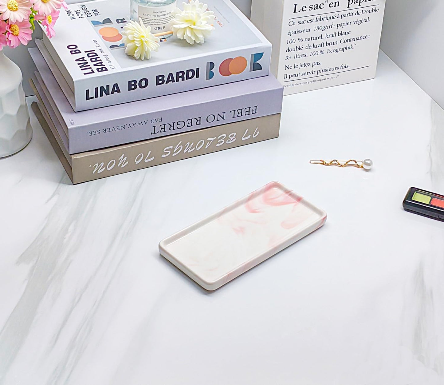 6.4" Porcelain Small Bathroom Tray, Ceramic Countertop and Vanity Tray for Cosmetics, Perfume, Jewelry, Candle - Kitchen Soap Tray for Kitchen Counter (Pink)