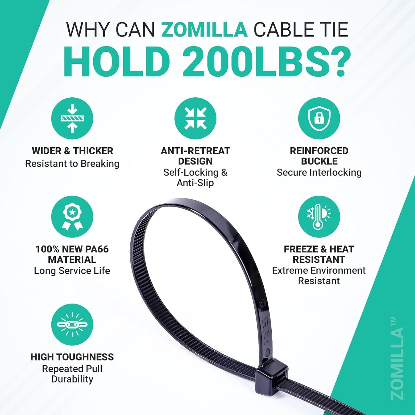 Heavy Duty Zip Ties 12 Inch, Zomilla Cable Ties With 200 LBS Tensile Strength, 100 PCS Zip Ties For Outdoor & Indoor Use, Extra Strong Self-Locking Zipties, UV Resistant Nylon Cable Tie - Black