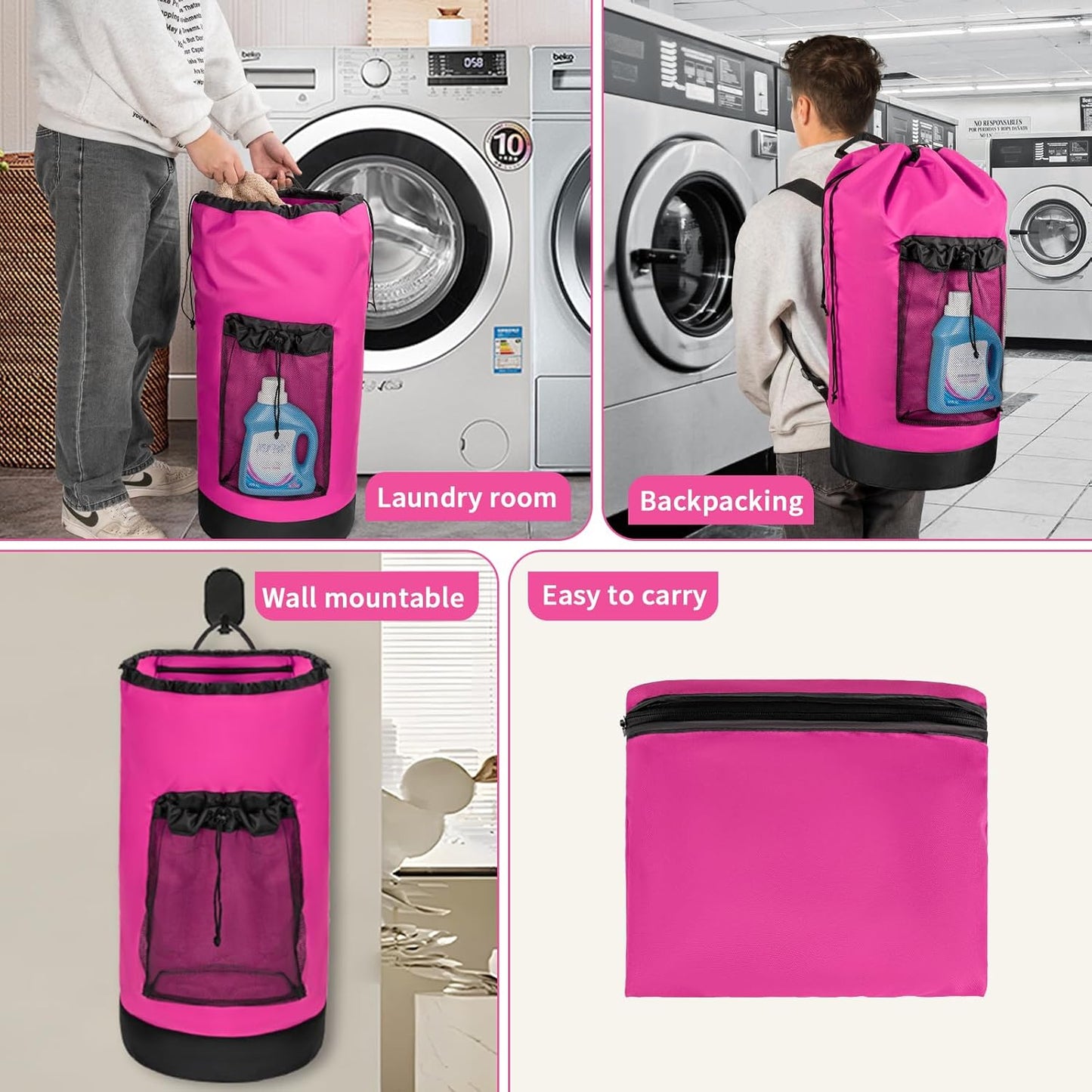 Laundry Bag Backpack with Shoulder Straps and Mesh Pocket Foldable Clothes Hamper Bag with Drawstring Closure for College, Apartment, Laundromat (Pink)