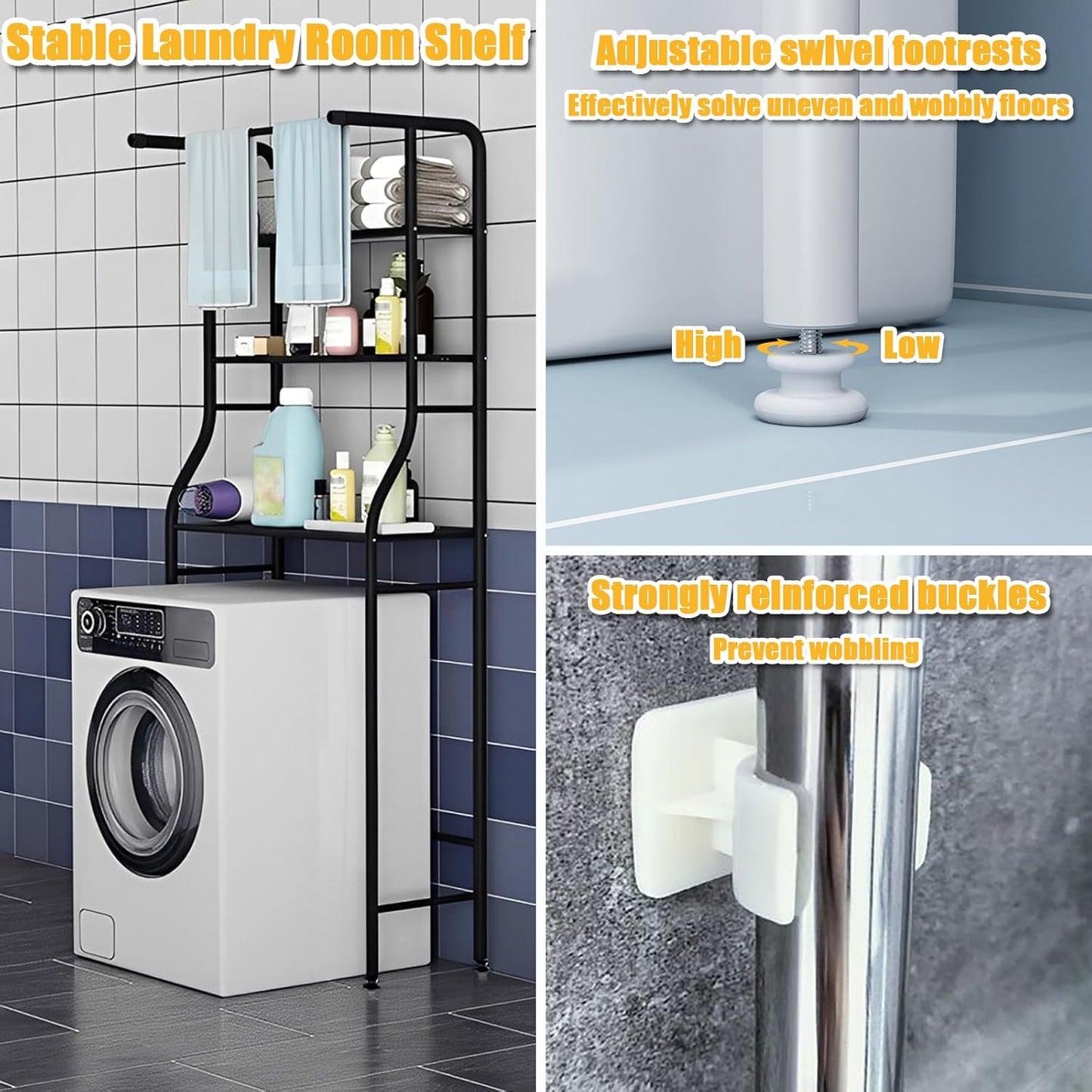 Over The Washer And Dryer Storage Shelf, 3-Tiers Over Dryer Storage Organizer for Space-Saving, Over Dorm Fridge Shelving Unit for Laundry Room Bathroom (Silver)