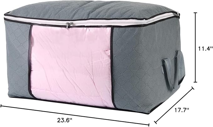 combocube Comforter Storage Bag, Zippered Bag with Large Clear Window and Carry Handles, Space Saver Organizers for Closet, Blanket, Pillow, Quilt, Bedding, Clothes (4Pcs Grey Large)