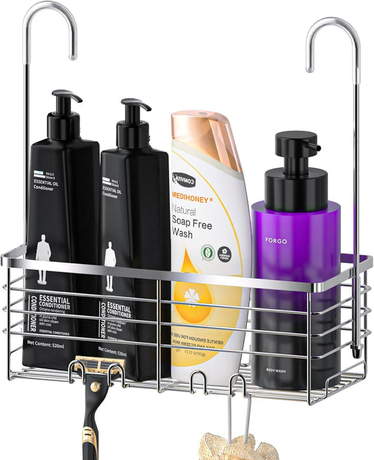 SHANSHUI Shower Hanging Caddy, Bathroom Shower Organizer Basket, Shampoo Bracket, Over Door Showers Rack with Hooks, 304 Stainless Steel Rustproof