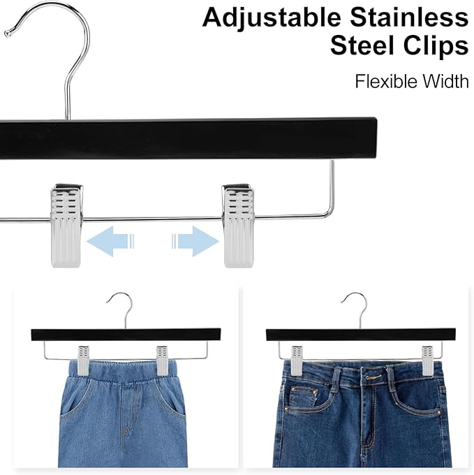 AMKUFO 20pcs Wooden Pants Hangers Solid Pants Hangers with Adjustable Clips 14 Inch Black Wood Skirt Hangers Trousers Bottom Hangers with Non-Slip Clips and 360° Swivel Hook