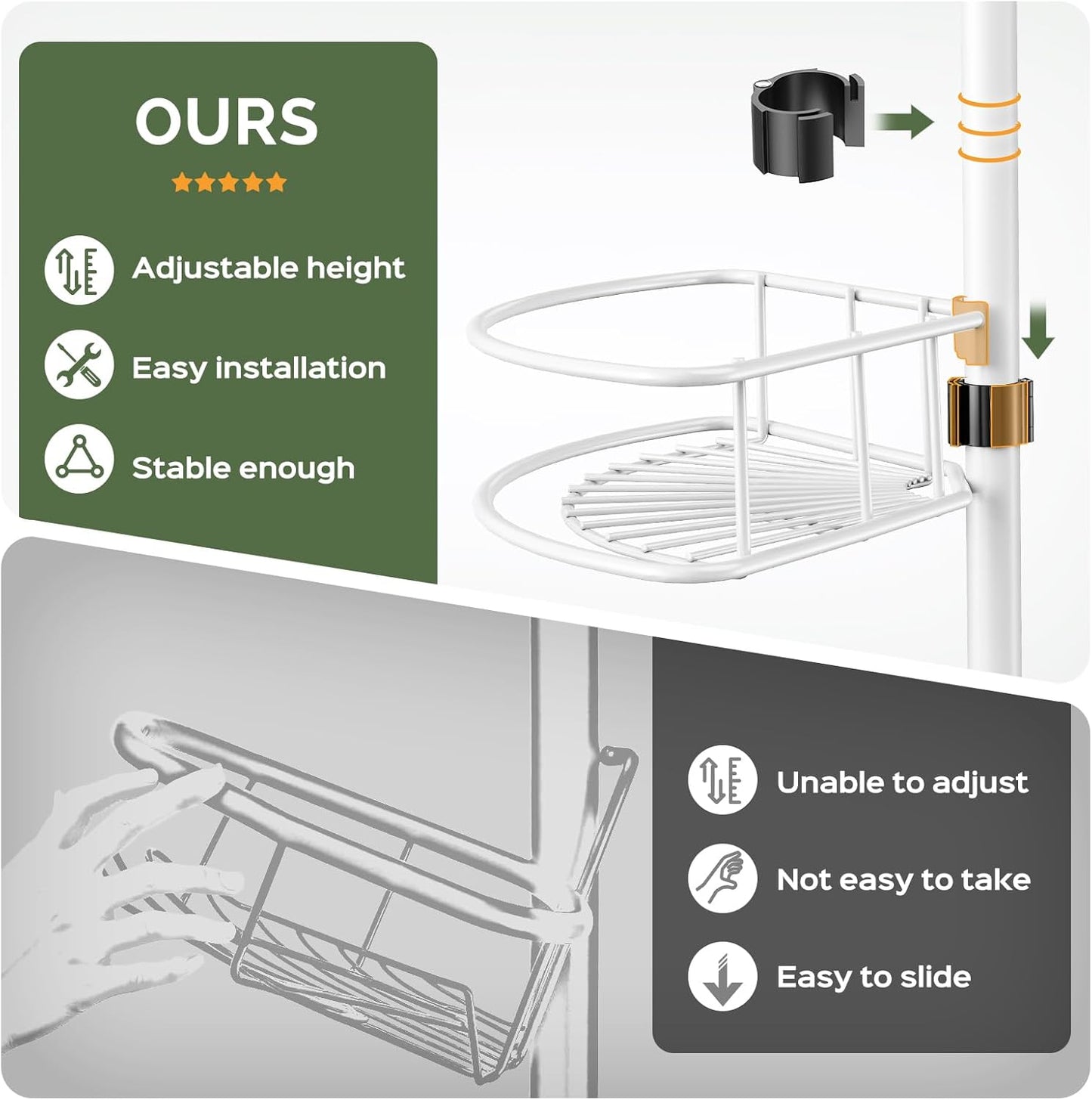 HAMITOR Corner Shower Caddy Tension Pole: Rustproof Bathroom Organizer Shelves for Bathtub Shampoo Accessories Storage Holder - 47-121 Inch Adjust - White