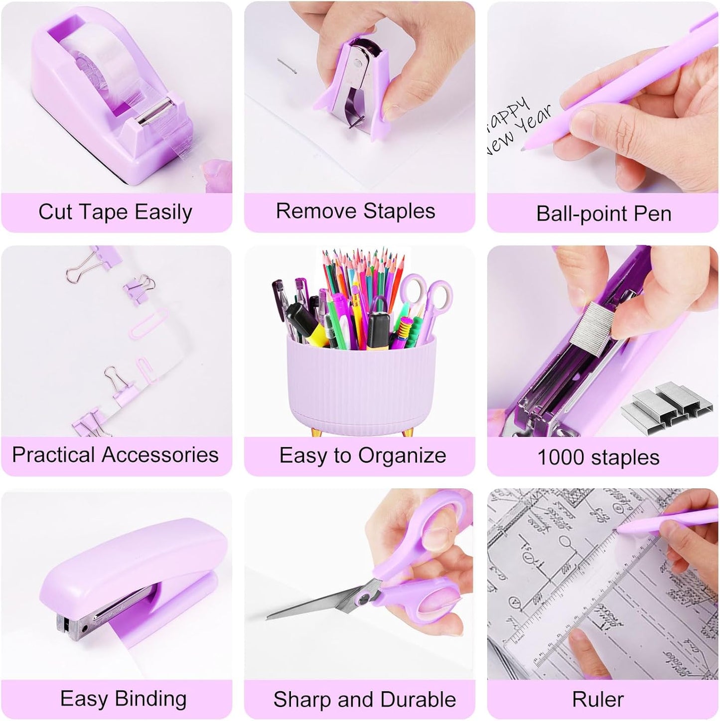 Desk Organizers and Accessories Set with 360-Degree Rotating Pen Holder, Tape Dispenser, Stapler, Staple Remover, 1000 Staples, Tape, Clips Set, Ruler, Scissor, Pen