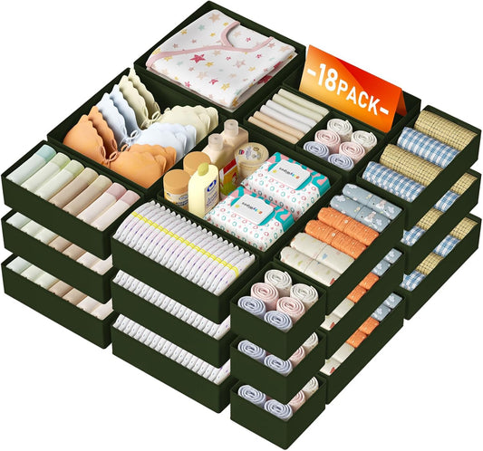 DIMJ Drawer Organizer Clothes 18 Pack - Foldable Baby Organizers and Storage & Dresser Organizer for Bedroom, Closet - Nursery Organization Dresser Dividers for underwear, Sock,Bra, Belt, Tie, Beige