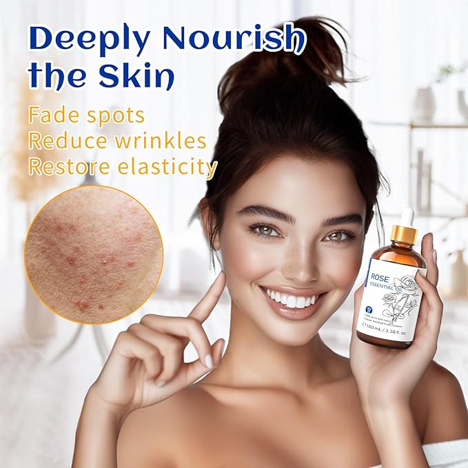 HIQILI 100ML Rose Essential Oil for Skin, Diffuser & Candle, 100% Pure and Natural - 3.38 Fl Oz