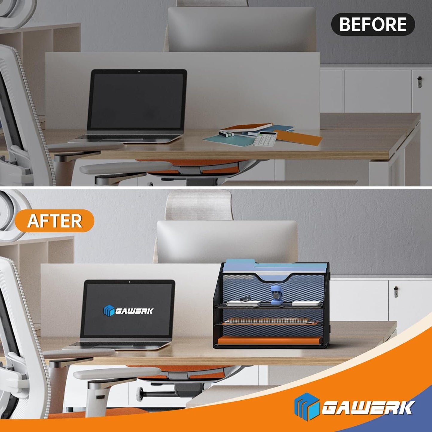 Letter Tray Organizer, Mesh Desk File Organizer with 3 Paper Trays and 2 Vertical Upright Section (Silver)