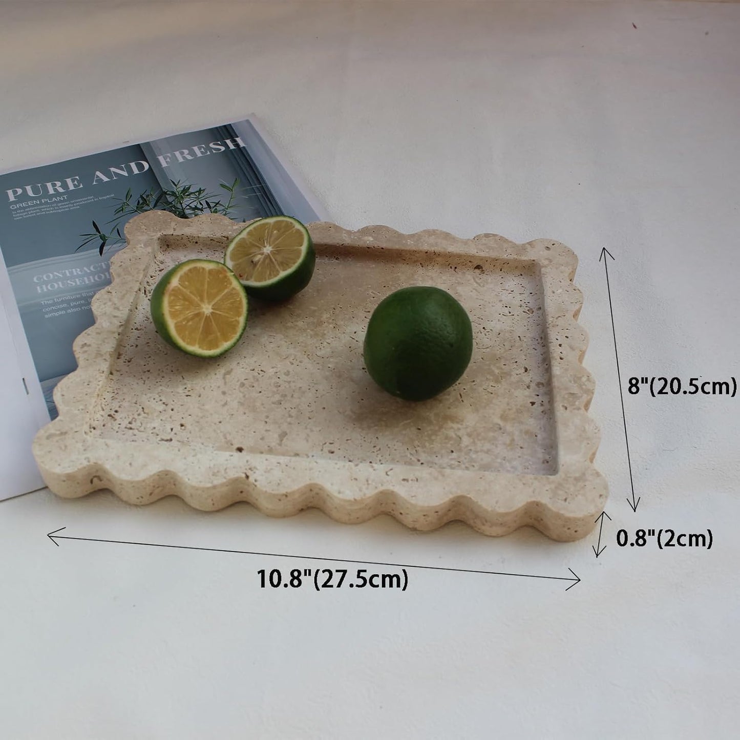 Natural Luxury Scalloped Marble Tray 10.8"x8", Rectangle Vanity Tray for Bathroom Kitchen Counter, Decorative Tray for Dresser Home Decor - Beige Travertine