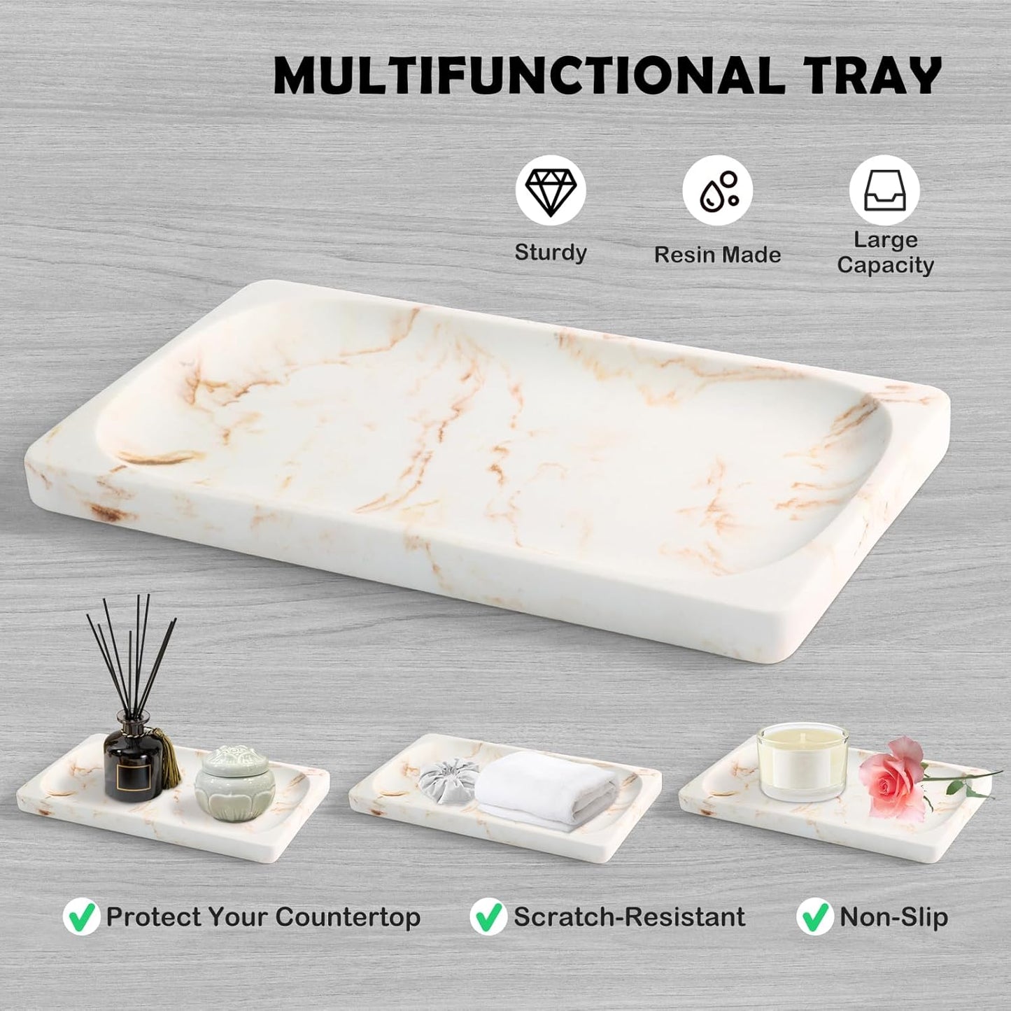 Marble Pattern Bathroom Accessory Sets,4 Pieces Resin Bathroom Accessories Complete Set - Lotion Dispenser,Tumbler,Q-tip Holder and Vanity Tray(Classic Beige Marble)