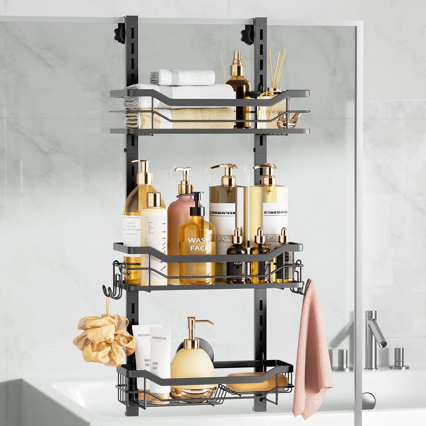 LEVERLOC Over The Door Shower Caddy, Shelf Distance Adjustable Hanging Rack Sturdy Rust Proof Bathroom Shelves with Strong Suction Cup, Shower Organizer Basket Storage Rack, Metal Black