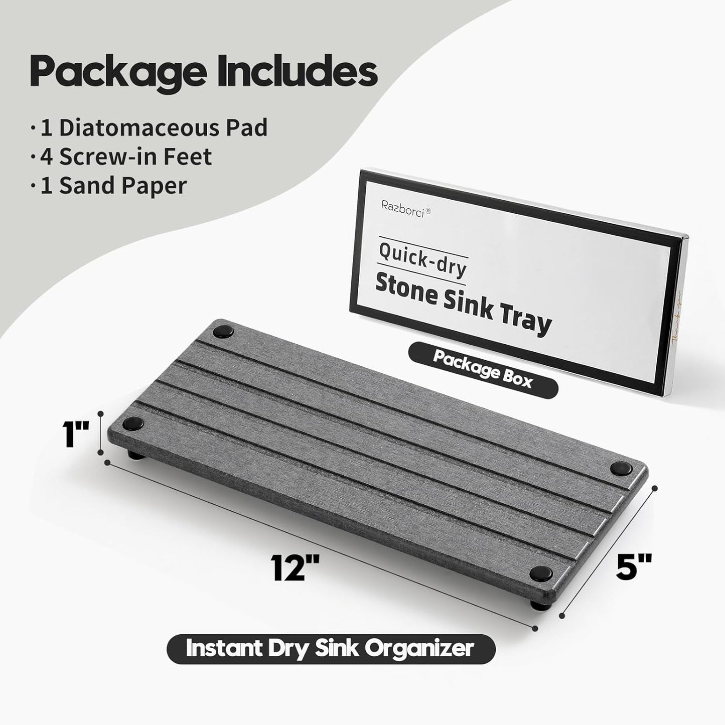 Instant Dry Sink Caddy Kitchen Sink Organizer, Quick Drying Stone Tray Diatomite Sponge Holder Soap Dish, Bathroom Countertop Fast Dry Water Absorbing Vanity Rack, Dark Gray,12" x 5"