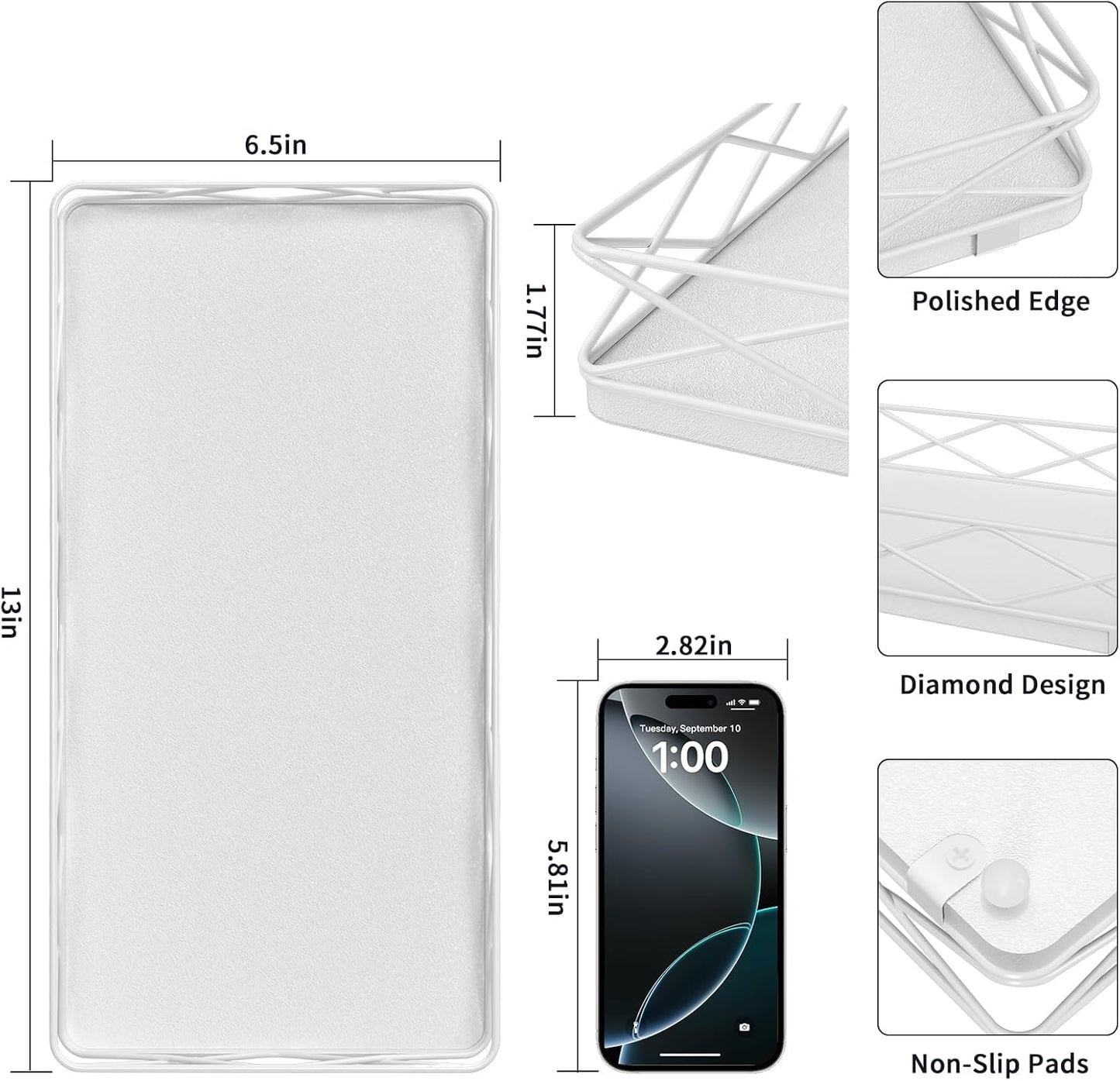 Toilet Paper Basket Holder, 13" Bathroom Tray Countertop, Wood and Metal Toilet Tank Tray Bathroom Vanity Organizer for Toiletry, Kitchen Sink Organizer for Soap Dispenser (White)