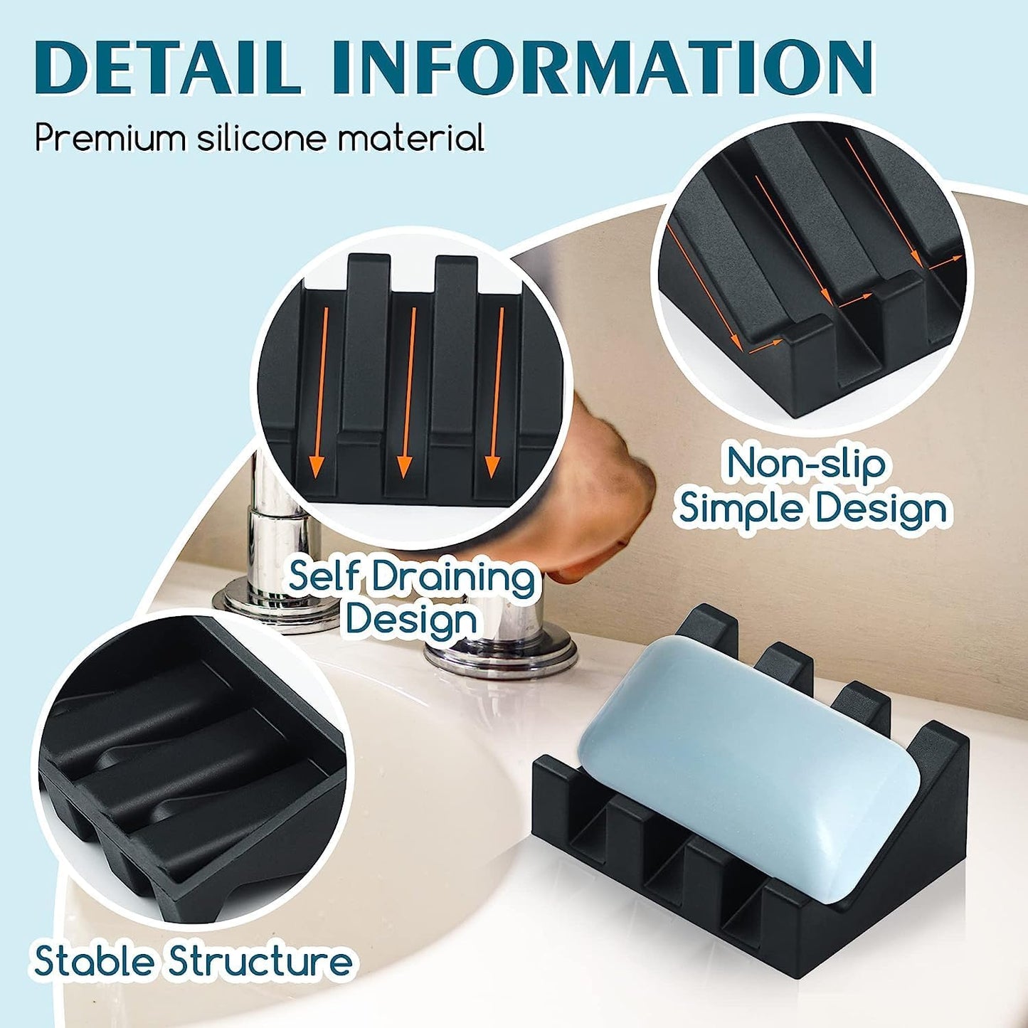 Silicone Soap Dish for Bar Soap Holder for Shower Bathroom Self Draining Waterfall Drying Tray Keep Soap Bars Dry Clean & Easy Cleaning (Black1, 1)