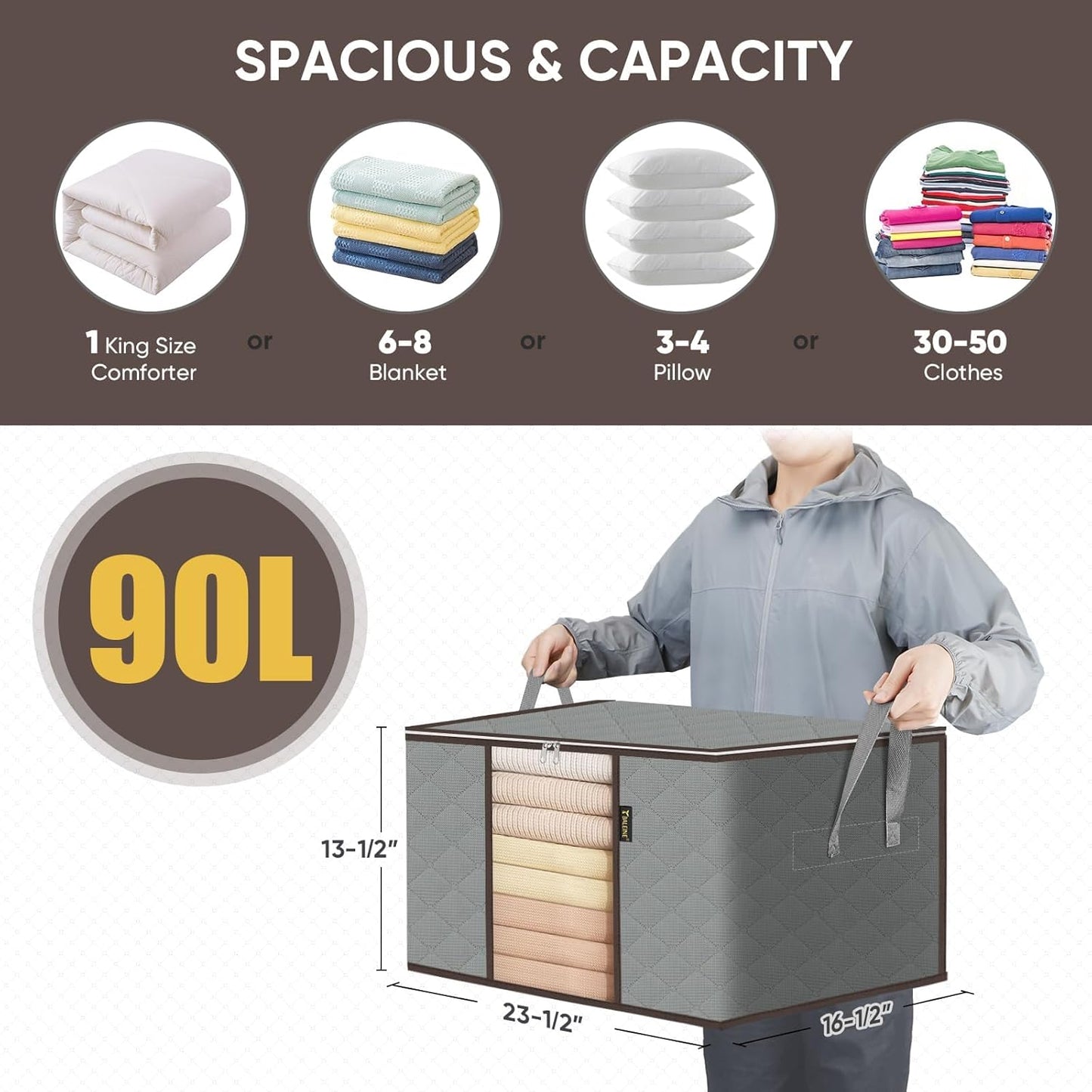 BALEINE 3 Pack Clothes Storage Bags, 24 Gallon Storage Containers with Reinforced Handle, Sturdy Zipper, Closet Organizer for Blanket, Comforter, Pillow, Bedding (Grey, 3 Pack)