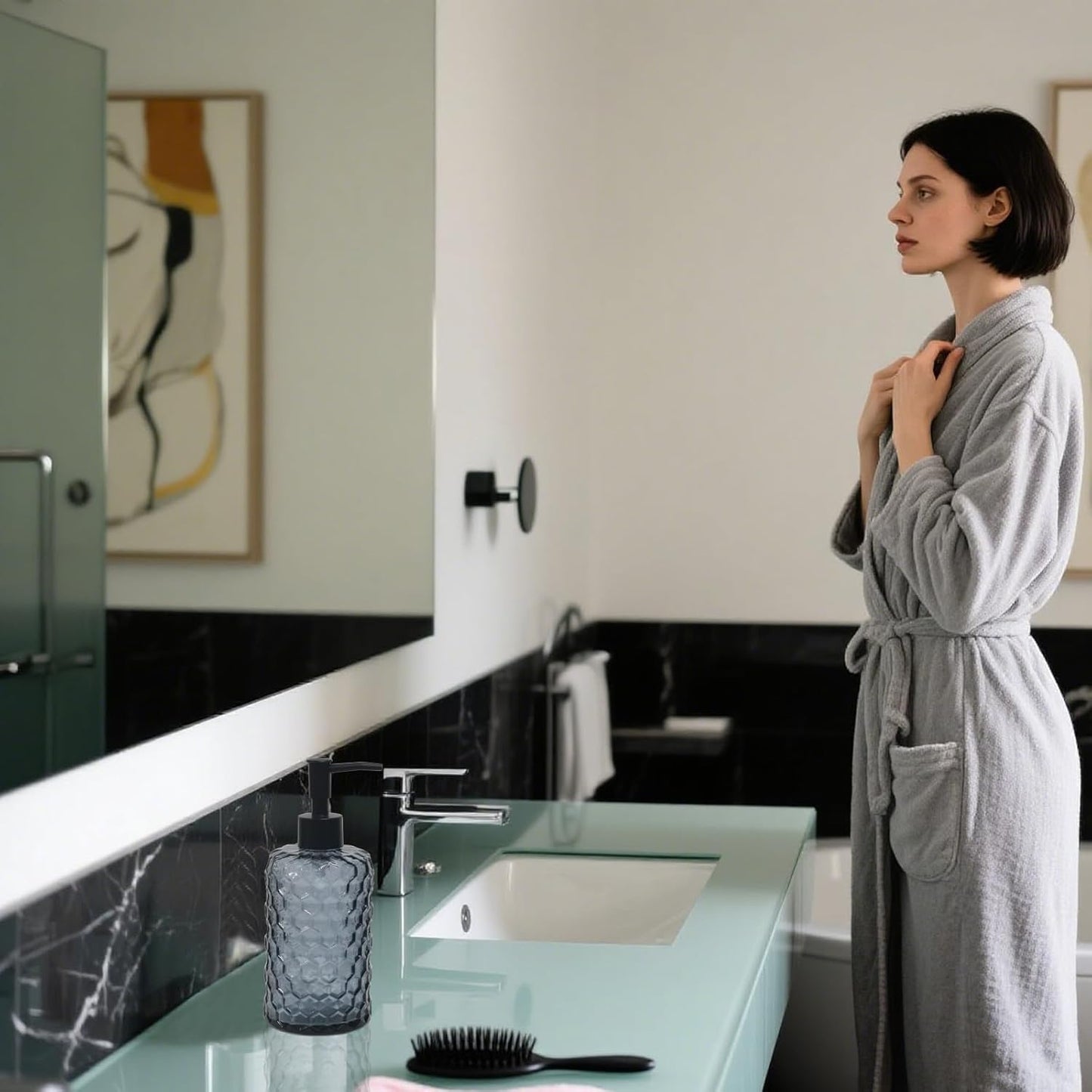 Glass Soap Dispenser with Plastic Pump, 17oz Liquid Hand Soap Dispenser for Kitchen & Bathroom, Great for Lotions, Essential Oil, Liquid Soaps (Grayish Blue)