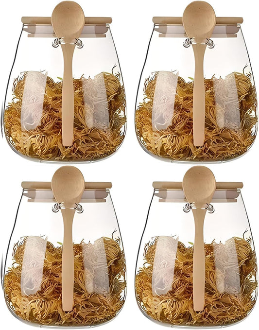 Airtight glass jar storage container with bamboo lid Set of 4, wide mouth, leak-proof, With a spoon, can be used for coffee beans, tea leaves, grains, dried fruits, etc (Large*4PCS)