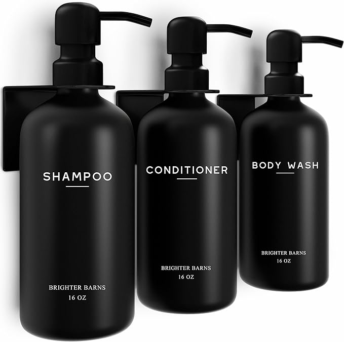 Black Shampoo and Conditioner Dispenser Set Wall Mounted by Brighter Barns - 3 Chamber No Drill Shampoo Bottles for Shower Wall - Refillable Plastic Shower Soap Dispenser for Airbnb, RV, Hotel (Black)