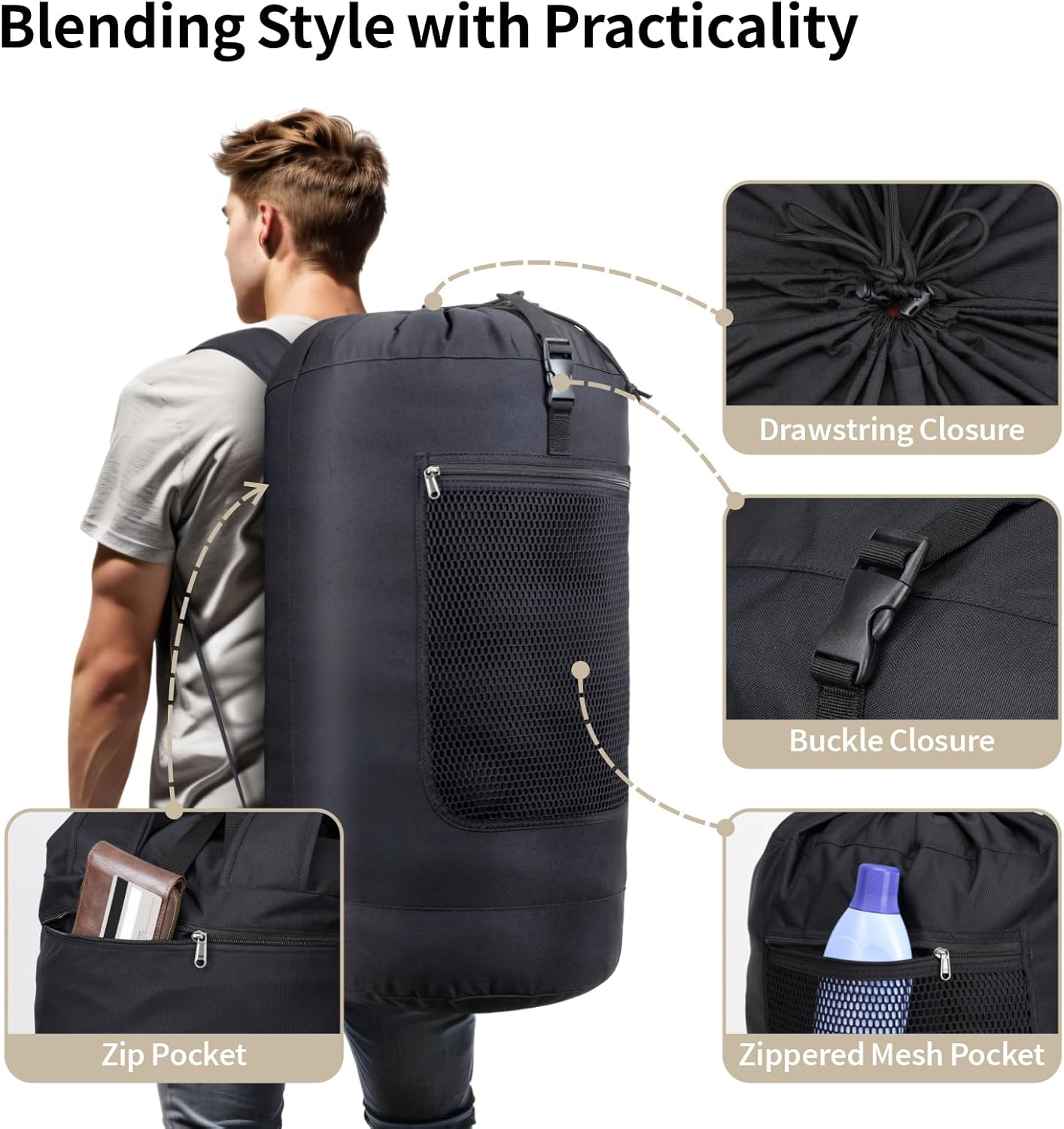 F-color Laundry Bag Backpack 115L - Large Capacity Laundry Backpack with Comfort Straps, Mesh and Zip Pocket, Sturdy Bag for Dorm, Travel, Laundromat, Apartment, Black